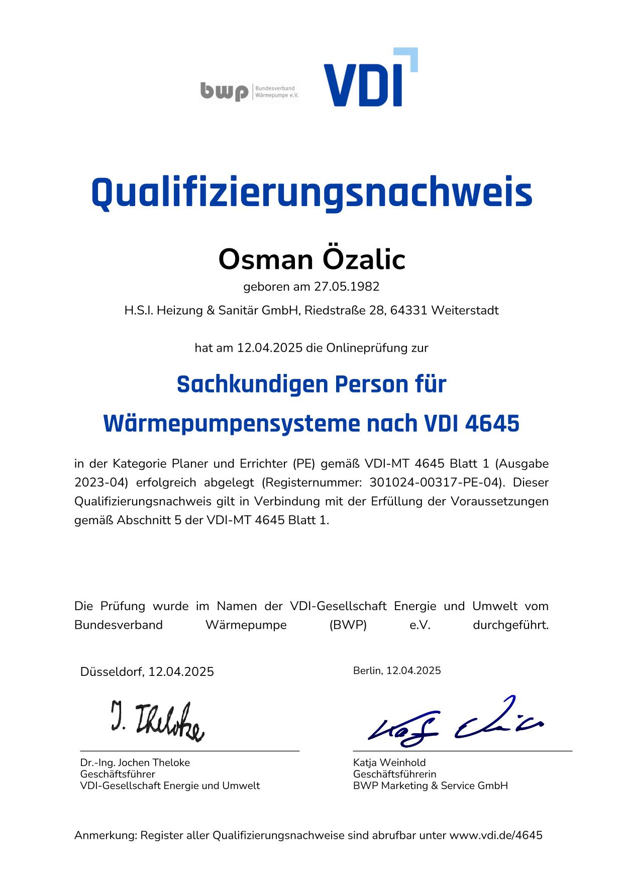 Sachkundigen Person für Wärmepumpensysteme nach VDI 4645